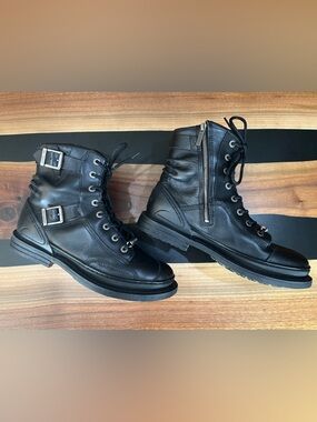 Harley-Davidson Men's Black Leather Moto Combat Boots Double Buckle Zip Size 10